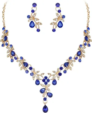 BriLove Wedding Jewelry Set for Women Bride, Y-Necklace Dangle Earrings Crystal Teardrop Leaf Flower Cluster Bridal Bridesmaid