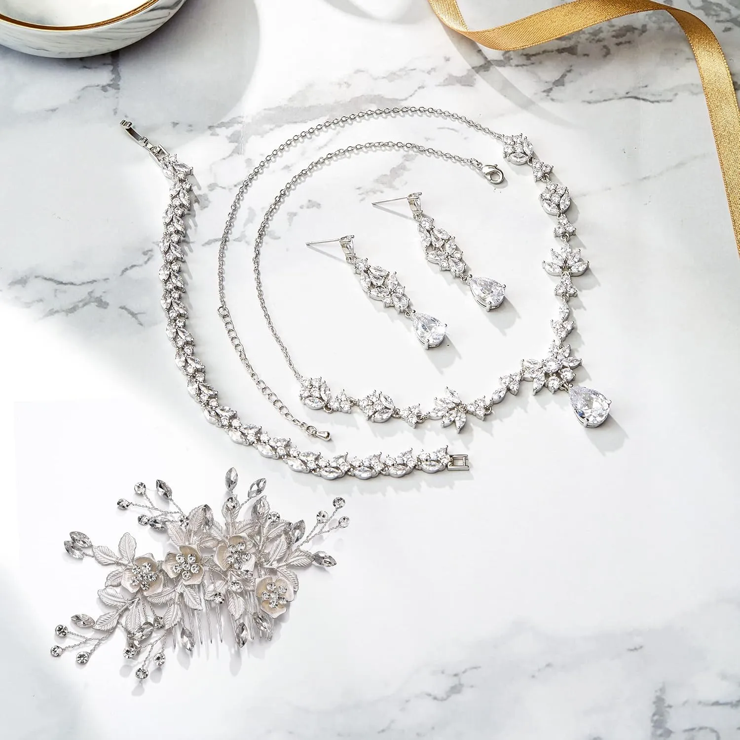 BriLove Wedding Jewelry Set for Women, Y-Necklace Tennis Bracelet Dangle Earrings with AAA Cubic Zirconia Teardrop for Bridal Bridesmaid