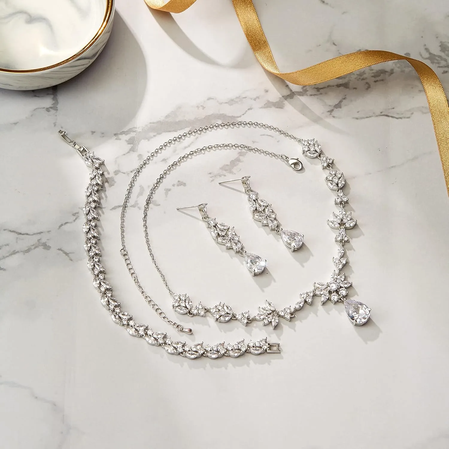 BriLove Wedding Jewelry Set for Women, Y-Necklace Tennis Bracelet Dangle Earrings with AAA Cubic Zirconia Teardrop for Bridal Bridesmaid
