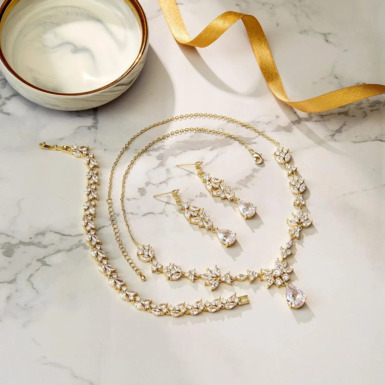 BriLove Wedding Jewelry Set for Women, Y-Necklace Tennis Bracelet Dangle Earrings with AAA Cubic Zirconia Teardrop for Bridal Bridesmaid