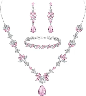 BriLove Wedding Jewelry Set for Women, Y-Necklace Tennis Bracelet Dangle Earrings with AAA Cubic Zirconia Teardrop for Bridal Bridesmaid
