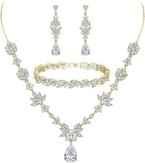 BriLove Wedding Jewelry Set for Women, Y-Necklace Tennis Bracelet Dangle Earrings with AAA Cubic Zirconia Teardrop for Bridal Bridesmaid