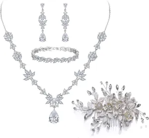 BriLove Wedding Jewelry Set for Women, Y-Necklace Tennis Bracelet Dangle Earrings with AAA Cubic Zirconia Teardrop for Bridal Bridesmaid