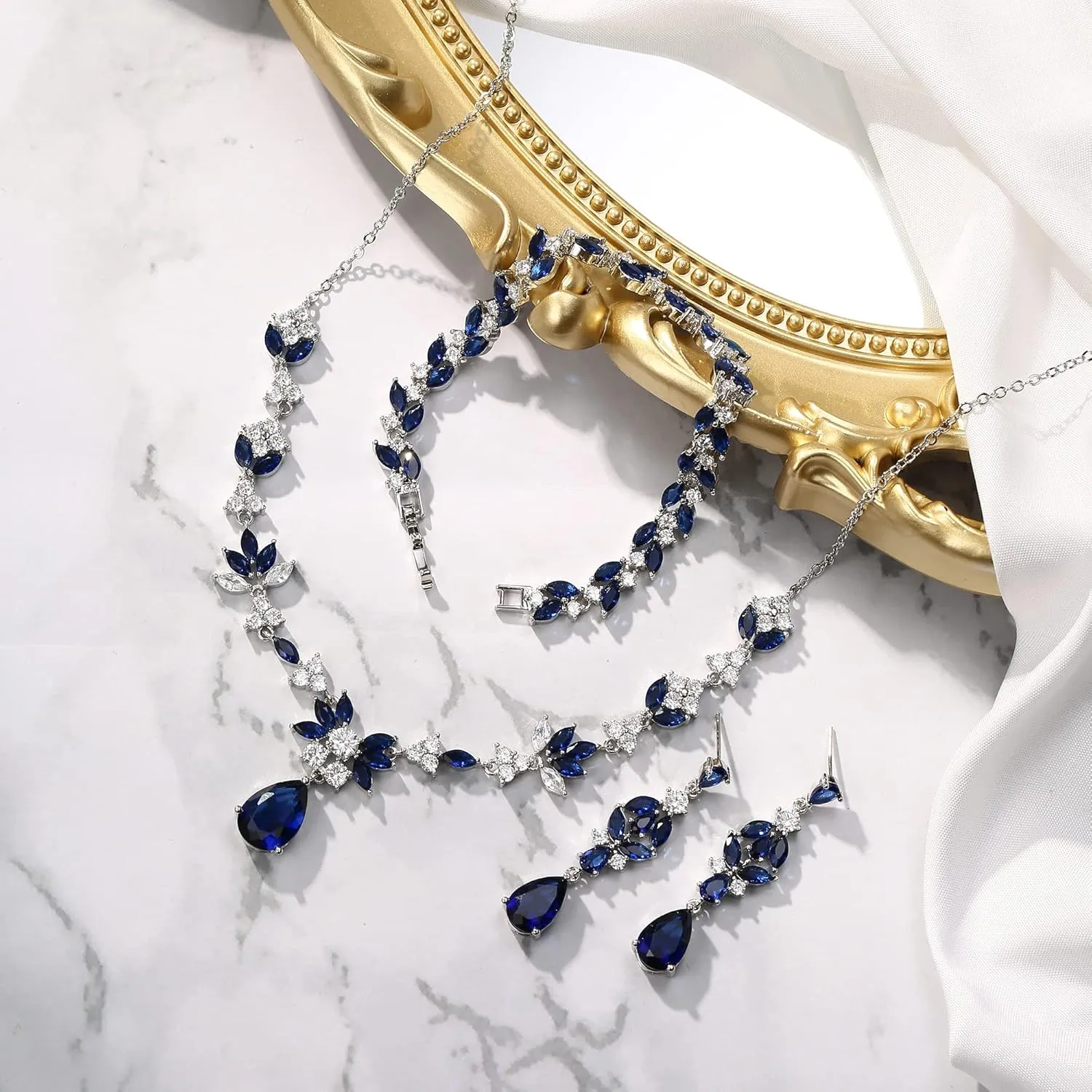 BriLove Wedding Jewelry Set for Women, Y-Necklace Tennis Bracelet Dangle Earrings with AAA Cubic Zirconia Teardrop for Bridal Bridesmaid