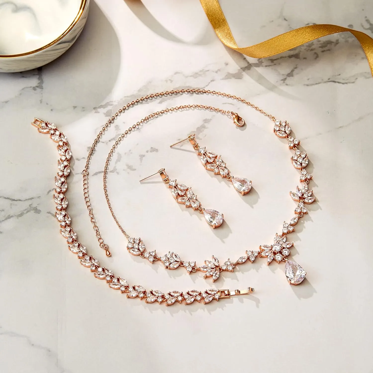 BriLove Wedding Jewelry Set for Women, Y-Necklace Tennis Bracelet Dangle Earrings with AAA Cubic Zirconia Teardrop for Bridal Bridesmaid