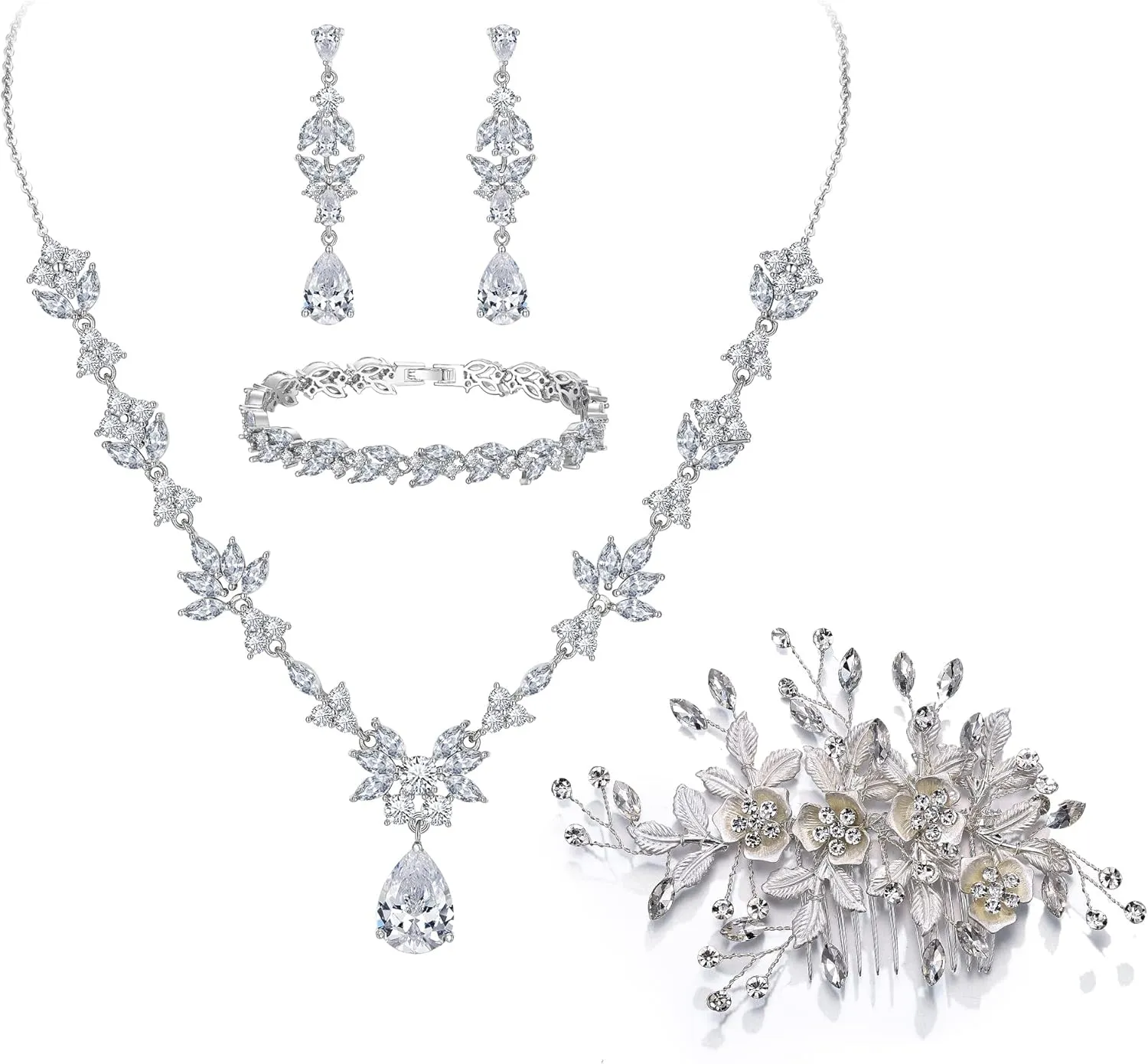 BriLove Wedding Jewelry Set for Women, Y-Necklace Tennis Bracelet Dangle Earrings with AAA Cubic Zirconia Teardrop for Bridal Bridesmaid