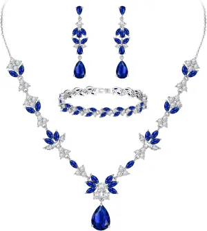 BriLove Wedding Jewelry Set for Women, Y-Necklace Tennis Bracelet Dangle Earrings with AAA Cubic Zirconia Teardrop for Bridal Bridesmaid