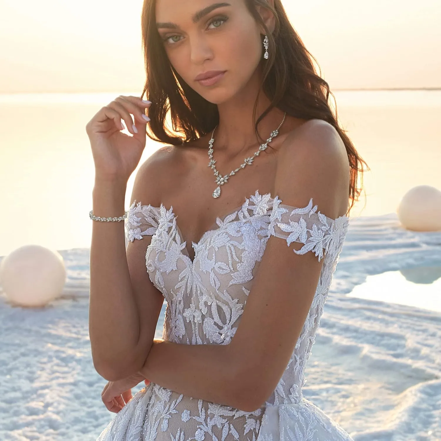 BriLove Wedding Jewelry Set for Women, Y-Necklace Tennis Bracelet Dangle Earrings with AAA Cubic Zirconia Teardrop for Bridal Bridesmaid