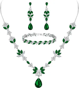 BriLove Wedding Jewelry Set for Women, Y-Necklace Tennis Bracelet Dangle Earrings with AAA Cubic Zirconia Teardrop for Bridal Bridesmaid