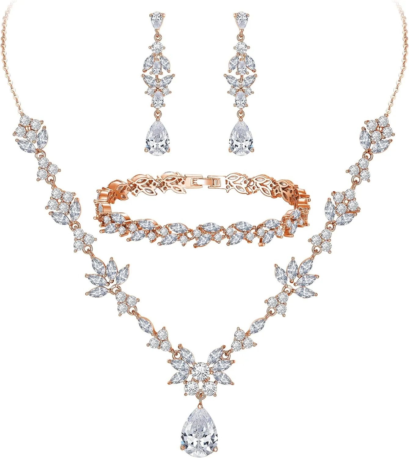BriLove Wedding Jewelry Set for Women, Y-Necklace Tennis Bracelet Dangle Earrings with AAA Cubic Zirconia Teardrop for Bridal Bridesmaid
