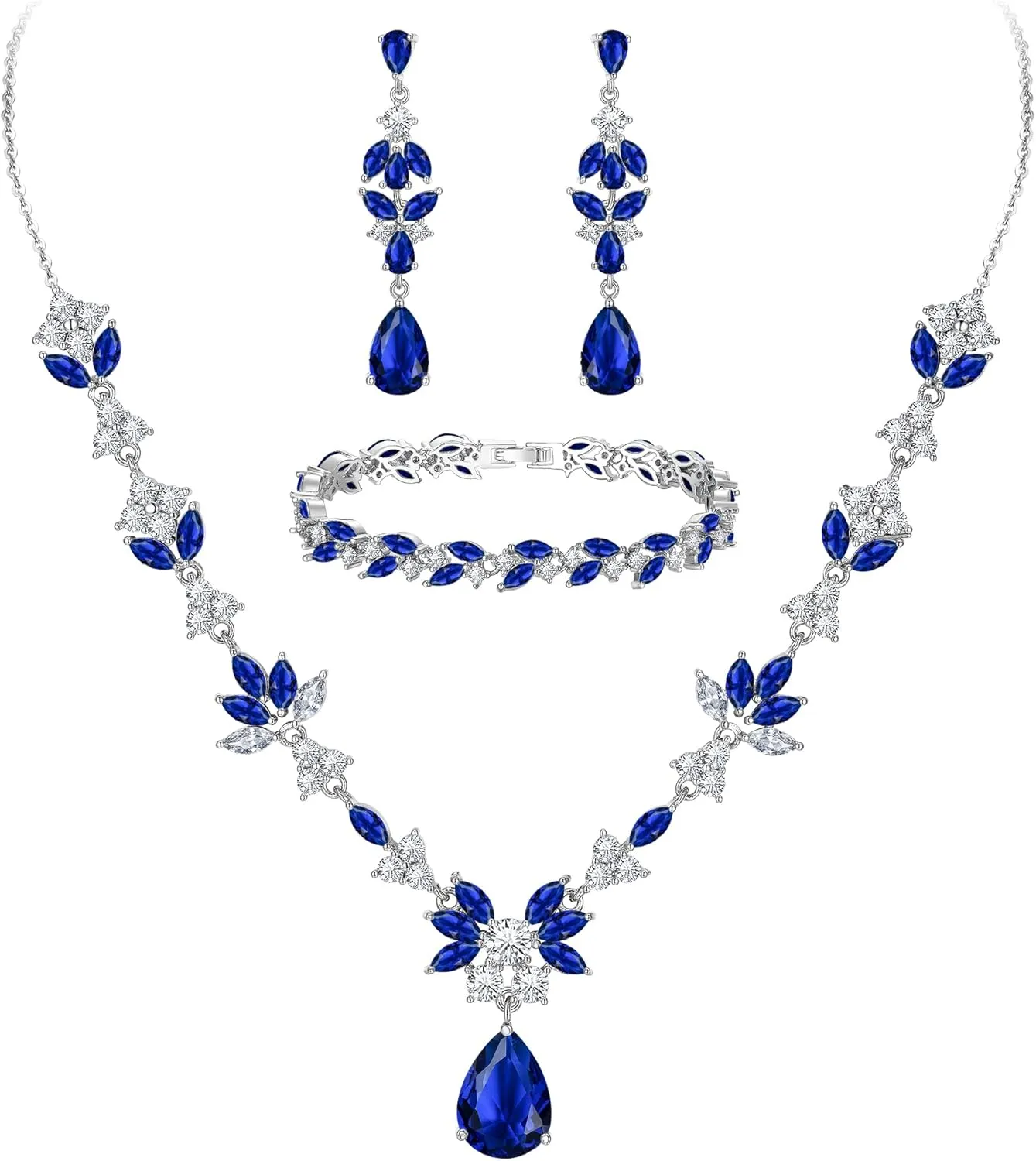 BriLove Wedding Jewelry Set for Women, Y-Necklace Tennis Bracelet Dangle Earrings with AAA Cubic Zirconia Teardrop for Bridal Bridesmaid