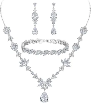 BriLove Wedding Jewelry Set for Women, Y-Necklace Tennis Bracelet Dangle Earrings with AAA Cubic Zirconia Teardrop for Bridal Bridesmaid