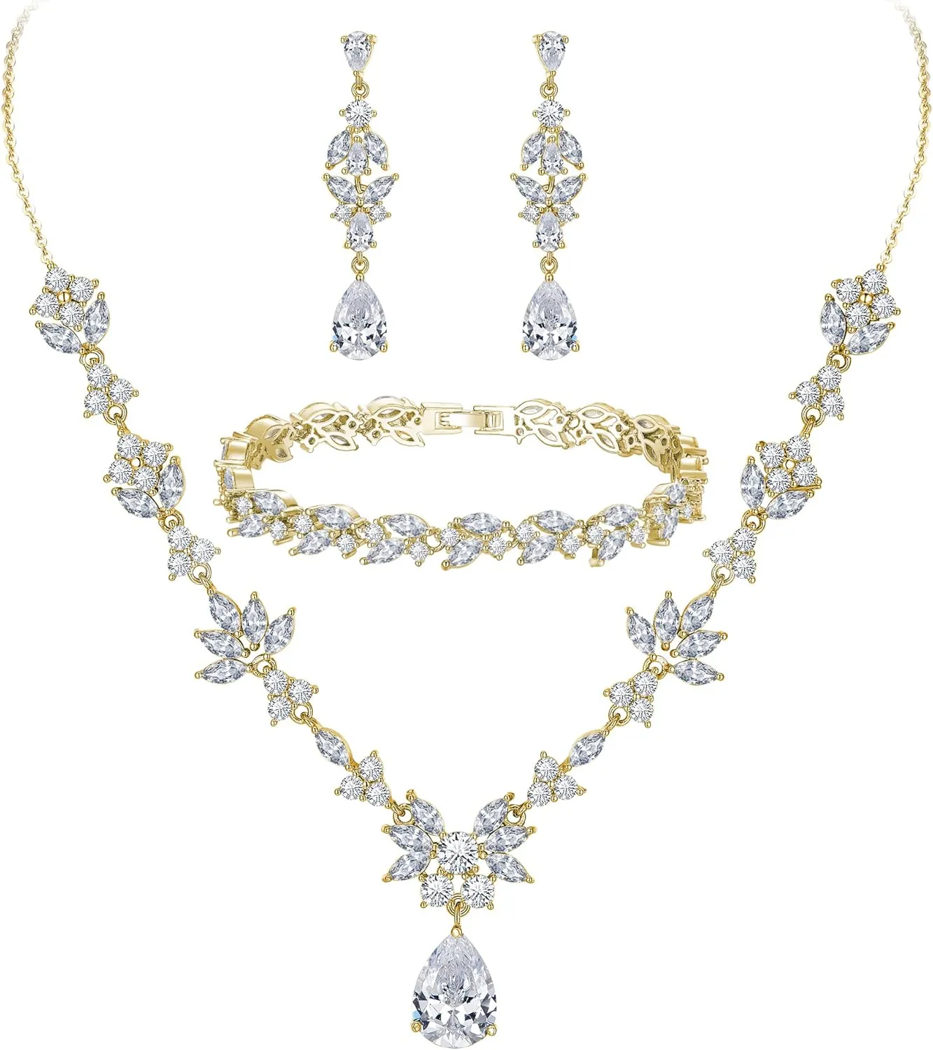 BriLove Wedding Jewelry Set for Women, Y-Necklace Tennis Bracelet Dangle Earrings with AAA Cubic Zirconia Teardrop for Bridal Bridesmaid