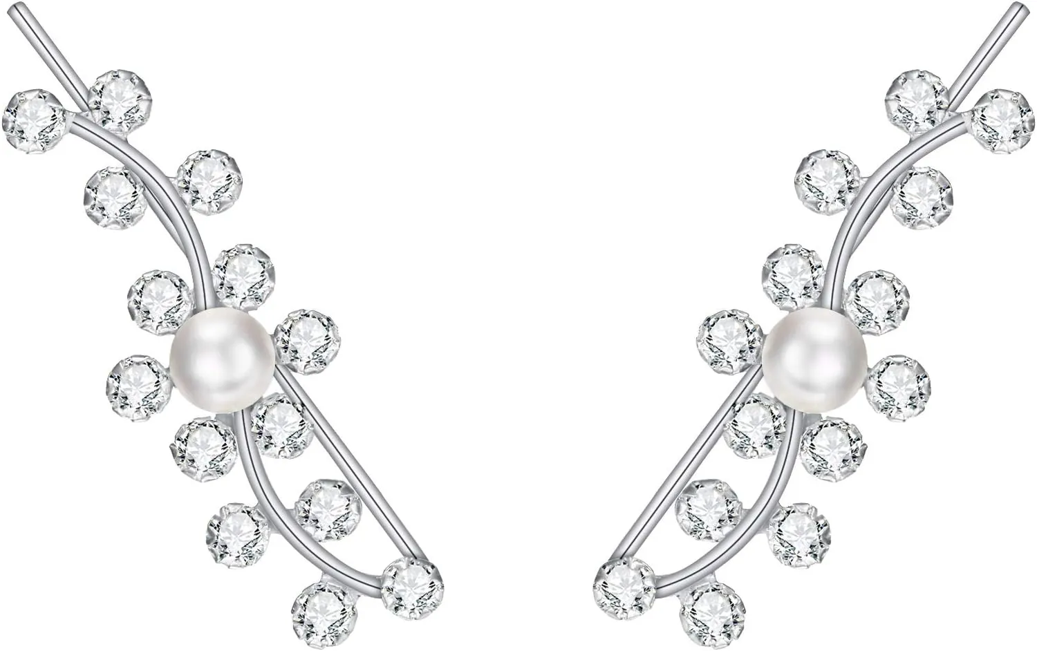BriLove Women 925 Sterling Silver CZ Cream Simulated Pearl Sunflower Ear Cuff Crawler Earrings Clear