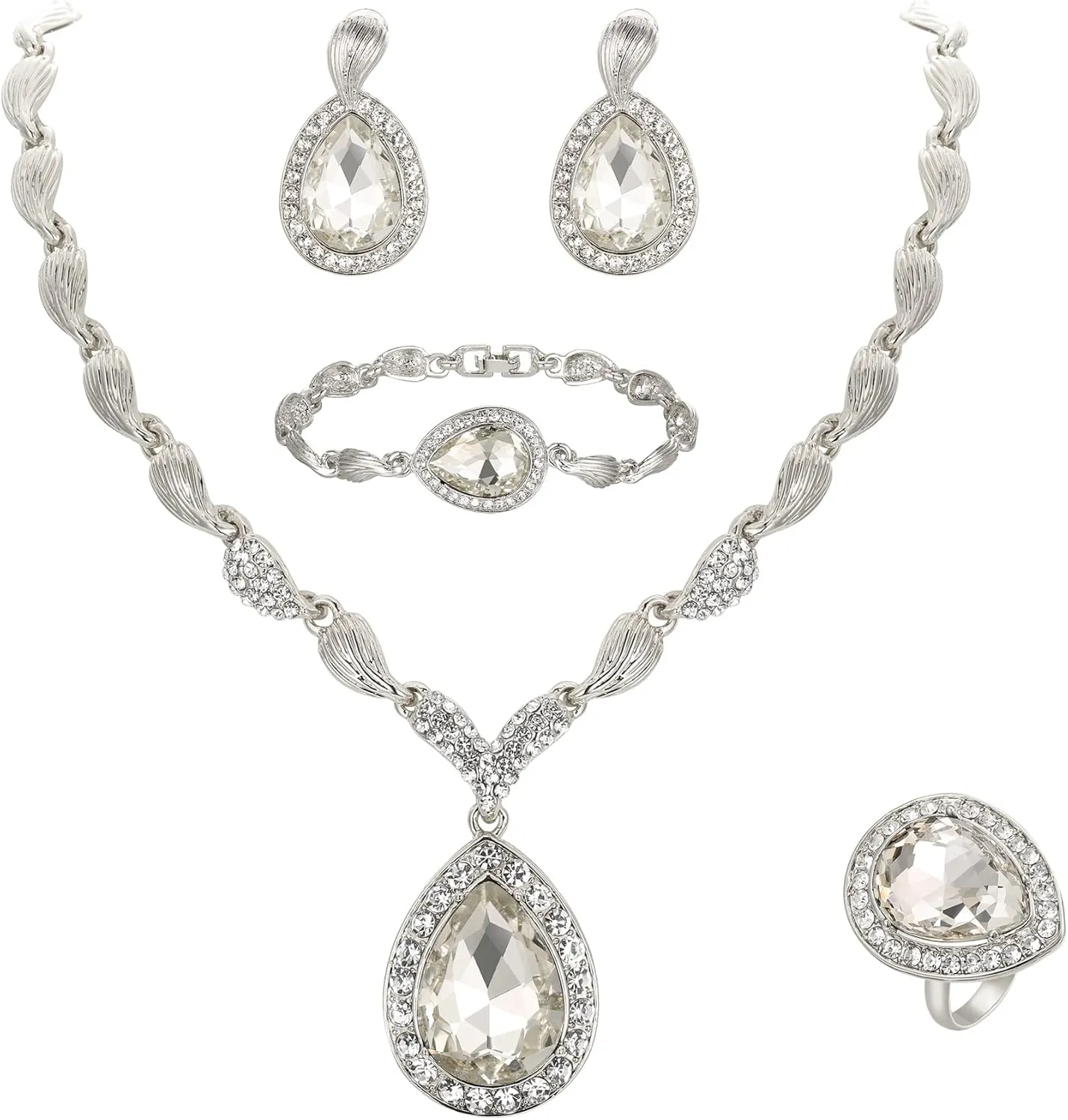 BriLove Womens Africa 18k Gold Plated Jewelry Set Crystal Rhinestones Petals Teardrop Cluster Bib Statement Necklace Link Bracelet Dangle Earrings Ring for Prom