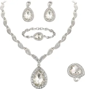 BriLove Womens Africa 18k Gold Plated Jewelry Set Crystal Rhinestones Petals Teardrop Cluster Bib Statement Necklace Link Bracelet Dangle Earrings Ring for Prom