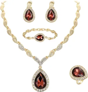 BriLove Womens Africa 18k Gold Plated Jewelry Set Crystal Rhinestones Petals Teardrop Cluster Bib Statement Necklace Link Bracelet Dangle Earrings Ring for Prom