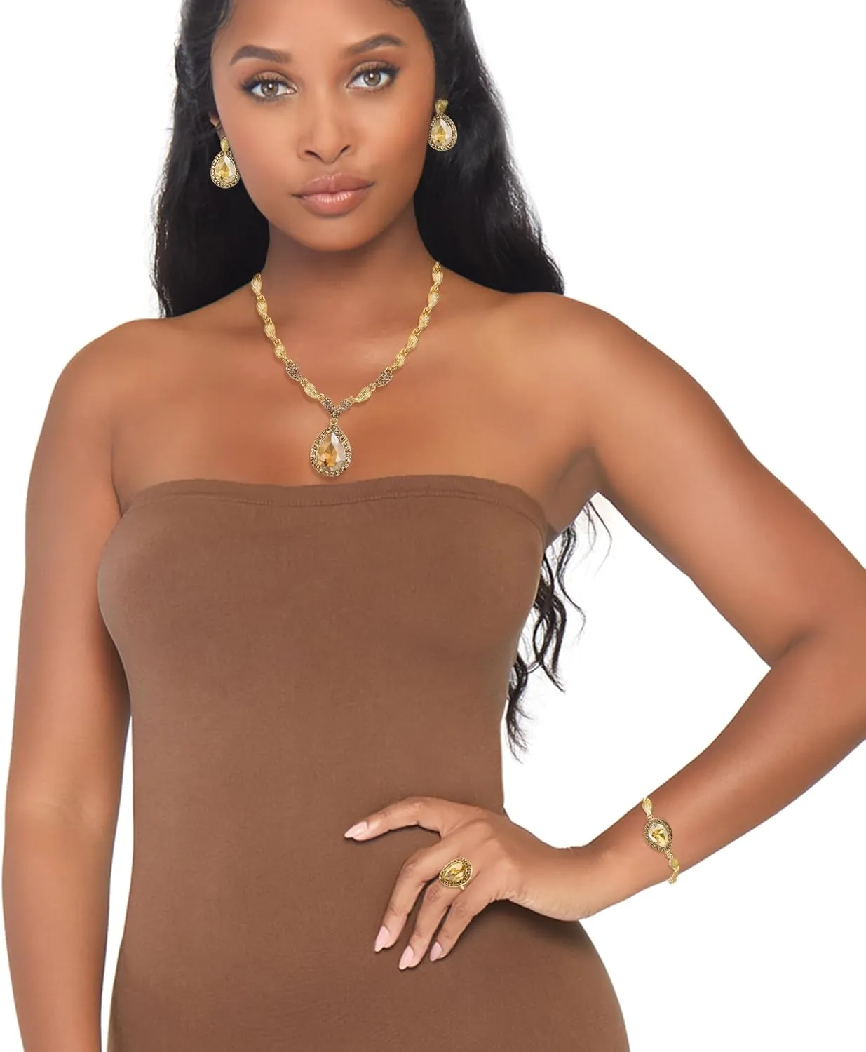 BriLove Womens Africa 18k Gold Plated Jewelry Set Crystal Rhinestones Petals Teardrop Cluster Bib Statement Necklace Link Bracelet Dangle Earrings Ring for Prom