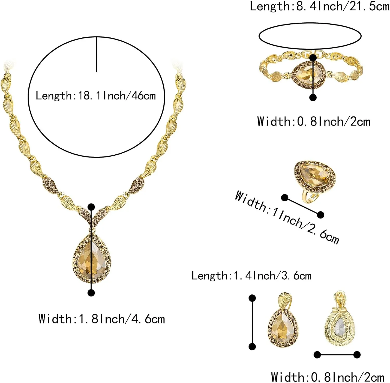 BriLove Womens Africa 18k Gold Plated Jewelry Set Crystal Rhinestones Petals Teardrop Cluster Bib Statement Necklace Link Bracelet Dangle Earrings Ring for Prom