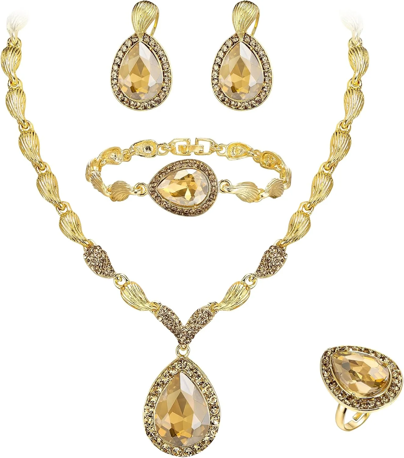 BriLove Womens Africa 18k Gold Plated Jewelry Set Crystal Rhinestones Petals Teardrop Cluster Bib Statement Necklace Link Bracelet Dangle Earrings Ring for Prom