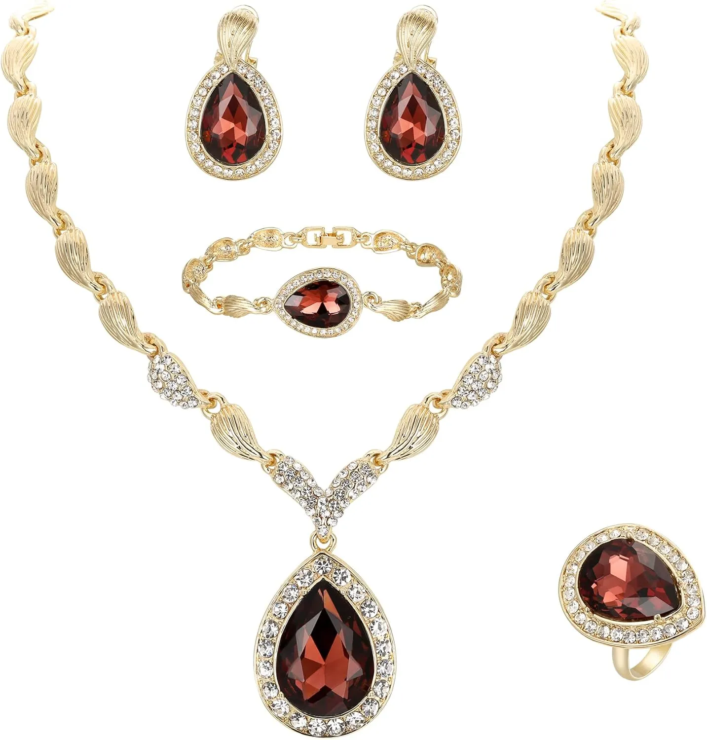 BriLove Womens Africa 18k Gold Plated Jewelry Set Crystal Rhinestones Petals Teardrop Cluster Bib Statement Necklace Link Bracelet Dangle Earrings Ring for Prom