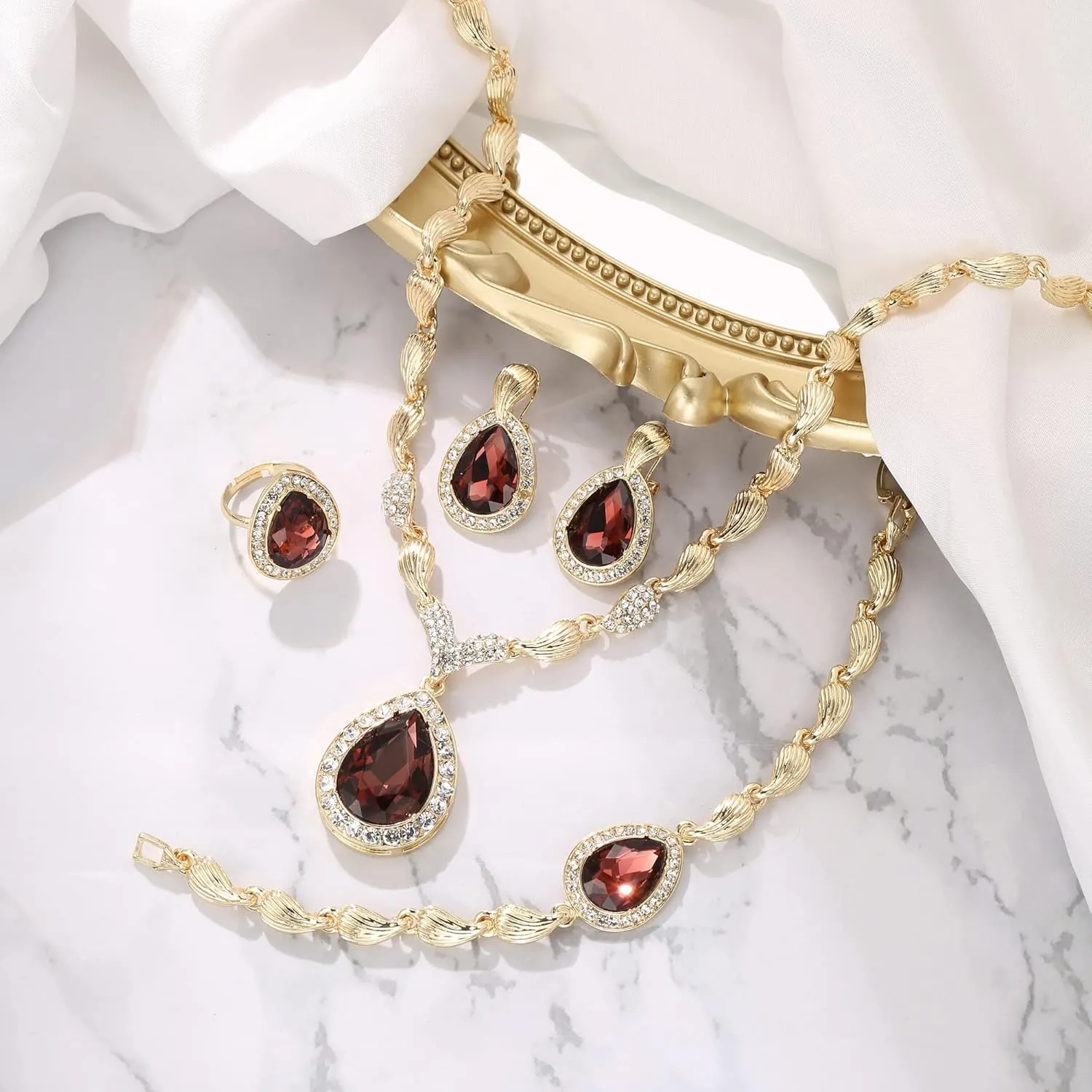 BriLove Womens Africa 18k Gold Plated Jewelry Set Crystal Rhinestones Petals Teardrop Cluster Bib Statement Necklace Link Bracelet Dangle Earrings Ring for Prom