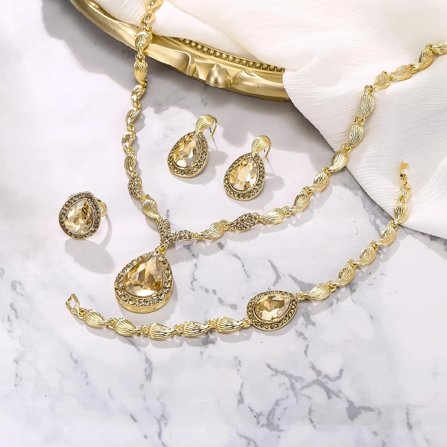 BriLove Womens Africa 18k Gold Plated Jewelry Set Crystal Rhinestones Petals Teardrop Cluster Bib Statement Necklace Link Bracelet Dangle Earrings Ring for Prom