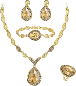 BriLove Womens Africa 18k Gold Plated Jewelry Set Crystal Rhinestones Petals Teardrop Cluster Bib Statement Necklace Link Bracelet Dangle Earrings Ring for Prom