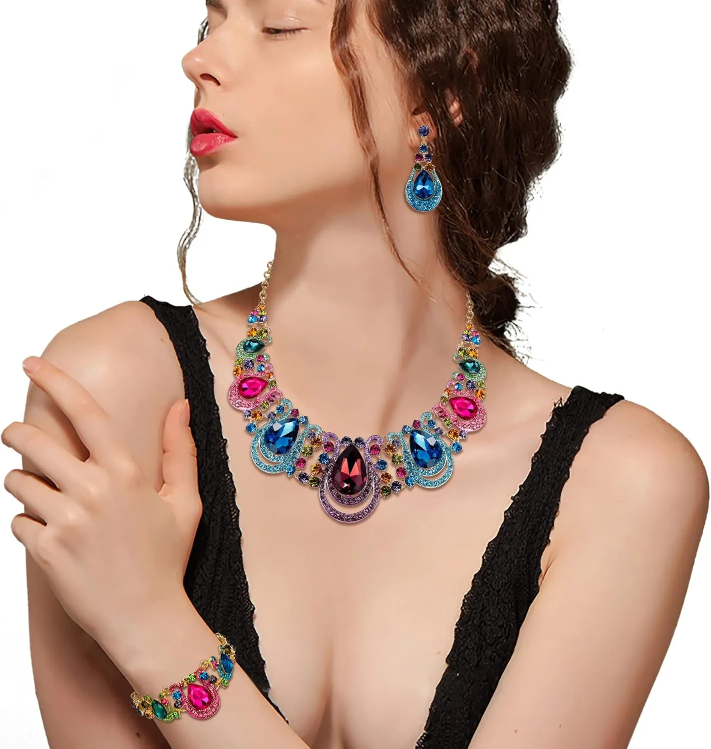 BriLove Women's Teardrop Crystal Statement Necklace Cluster Hollow Dangle Earrings Chain Bracelet Bib Jewellery Set for Wedding Bride Bridesmaid