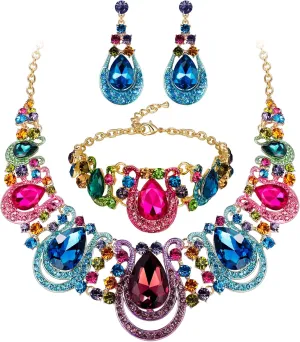 BriLove Women's Teardrop Crystal Statement Necklace Cluster Hollow Dangle Earrings Chain Bracelet Bib Jewellery Set for Wedding Bride Bridesmaid