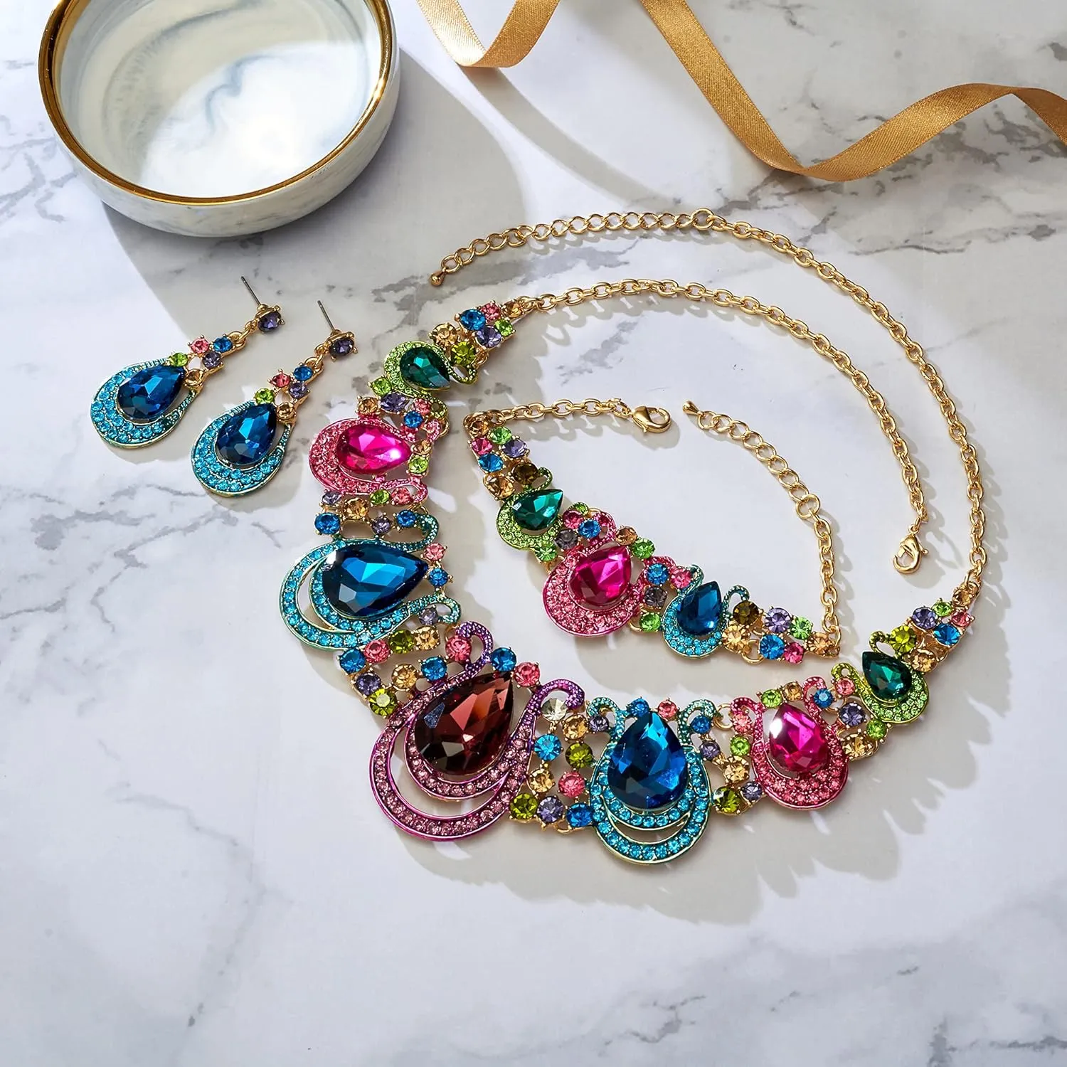 BriLove Women's Teardrop Crystal Statement Necklace Cluster Hollow Dangle Earrings Chain Bracelet Bib Jewellery Set for Wedding Bride Bridesmaid