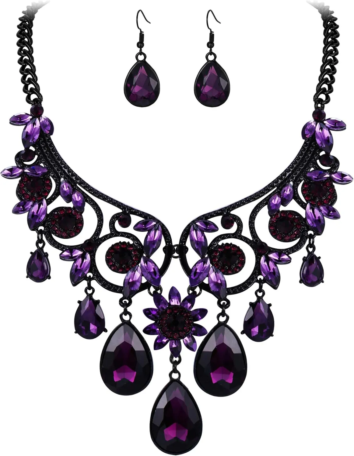 BriLove Women's Tribal Ethnic Crystal Chunky Statement Necklace Dangle Earrings Set