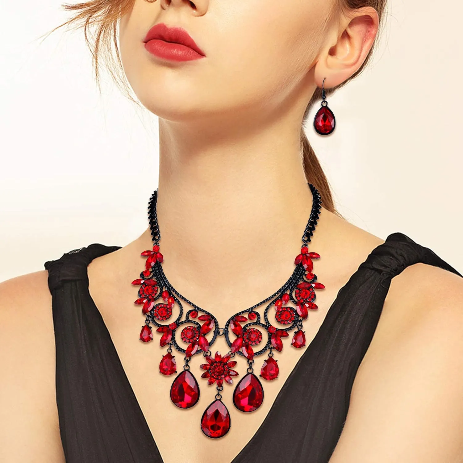 BriLove Women's Tribal Ethnic Crystal Chunky Statement Necklace Dangle Earrings Set