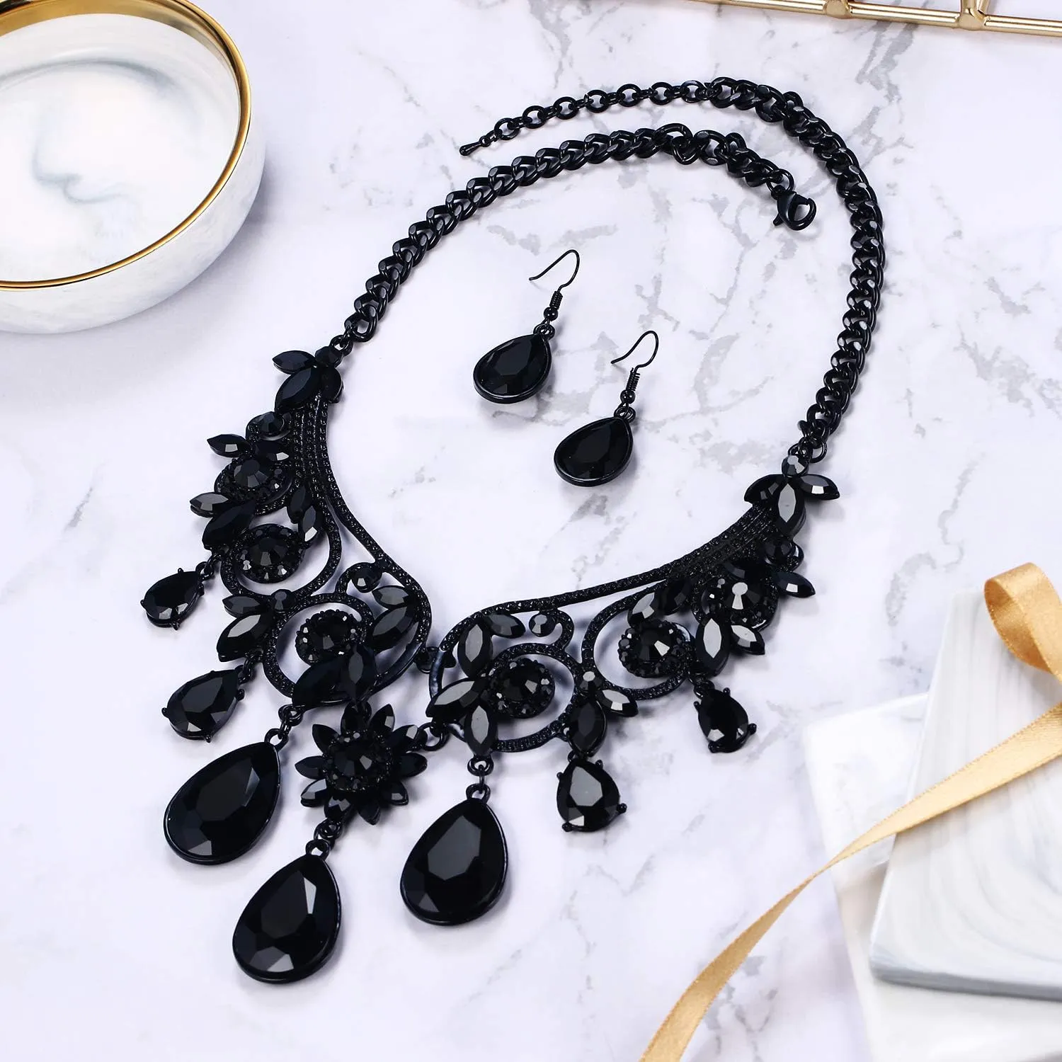 BriLove Women's Tribal Ethnic Crystal Chunky Statement Necklace Dangle Earrings Set
