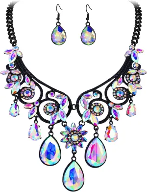 BriLove Women's Tribal Ethnic Crystal Chunky Statement Necklace Dangle Earrings Set