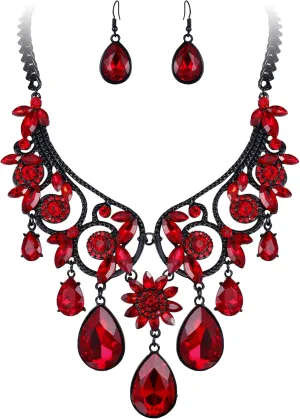 BriLove Women's Tribal Ethnic Crystal Chunky Statement Necklace Dangle Earrings Set