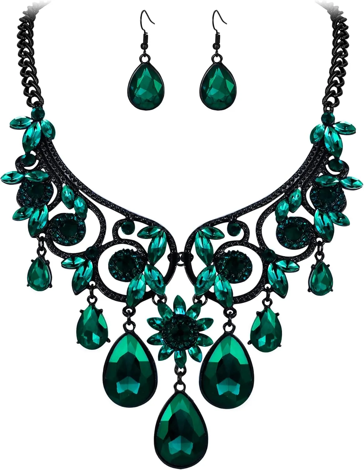 BriLove Women's Tribal Ethnic Crystal Chunky Statement Necklace Dangle Earrings Set