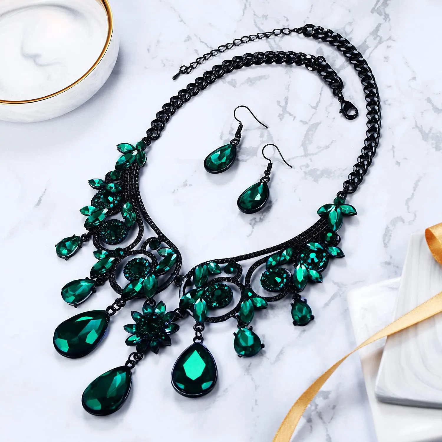 BriLove Women's Tribal Ethnic Crystal Chunky Statement Necklace Dangle Earrings Set