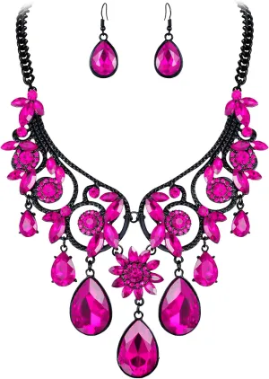 BriLove Women's Tribal Ethnic Crystal Chunky Statement Necklace Dangle Earrings Set