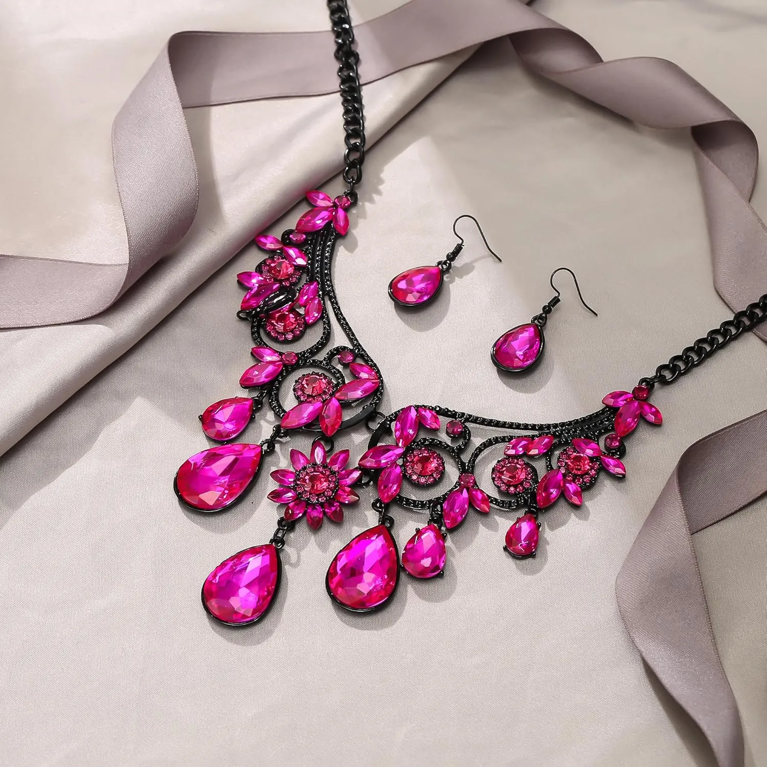 BriLove Women's Tribal Ethnic Crystal Chunky Statement Necklace Dangle Earrings Set