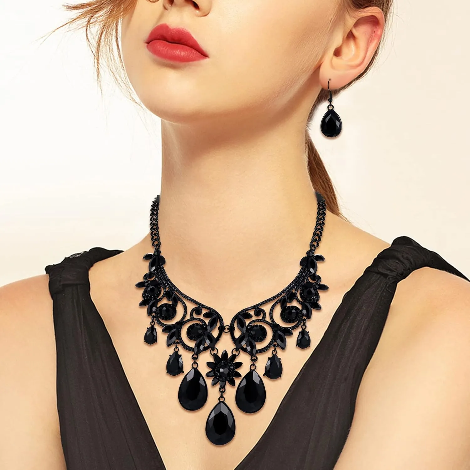 BriLove Women's Tribal Ethnic Crystal Chunky Statement Necklace Dangle Earrings Set