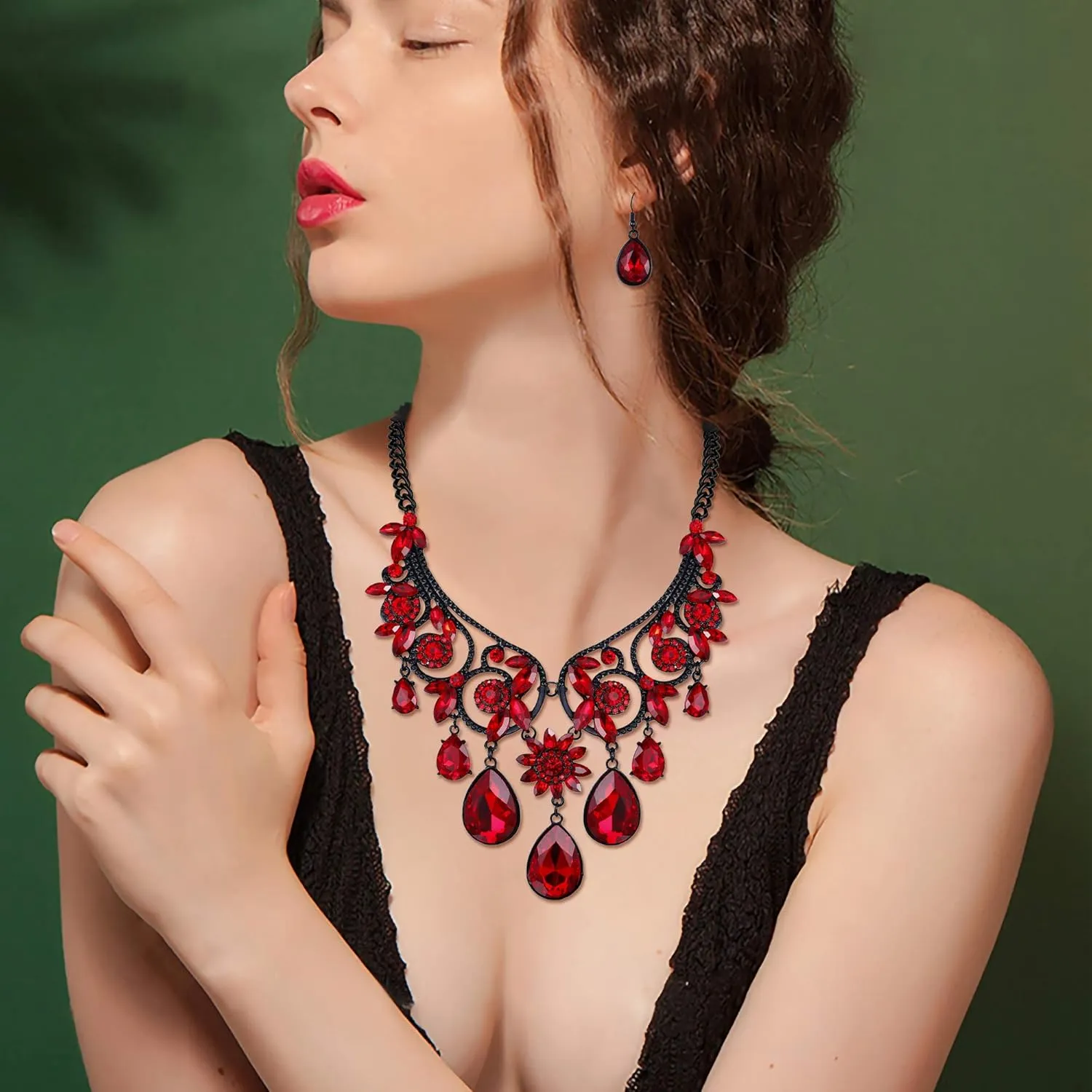 BriLove Women's Tribal Ethnic Crystal Chunky Statement Necklace Dangle Earrings Set