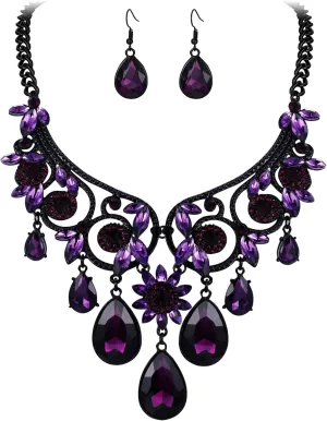 BriLove Women's Tribal Ethnic Crystal Chunky Statement Necklace Dangle Earrings Set