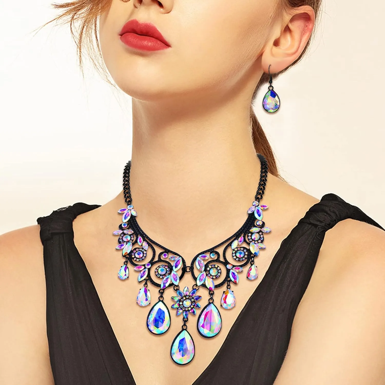 BriLove Women's Tribal Ethnic Crystal Chunky Statement Necklace Dangle Earrings Set