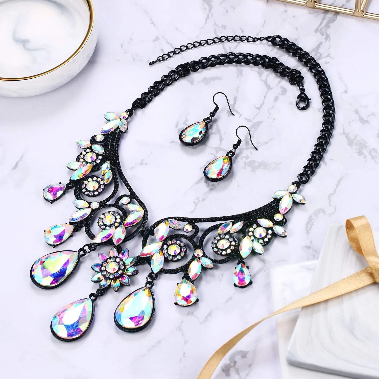BriLove Women's Tribal Ethnic Crystal Chunky Statement Necklace Dangle Earrings Set
