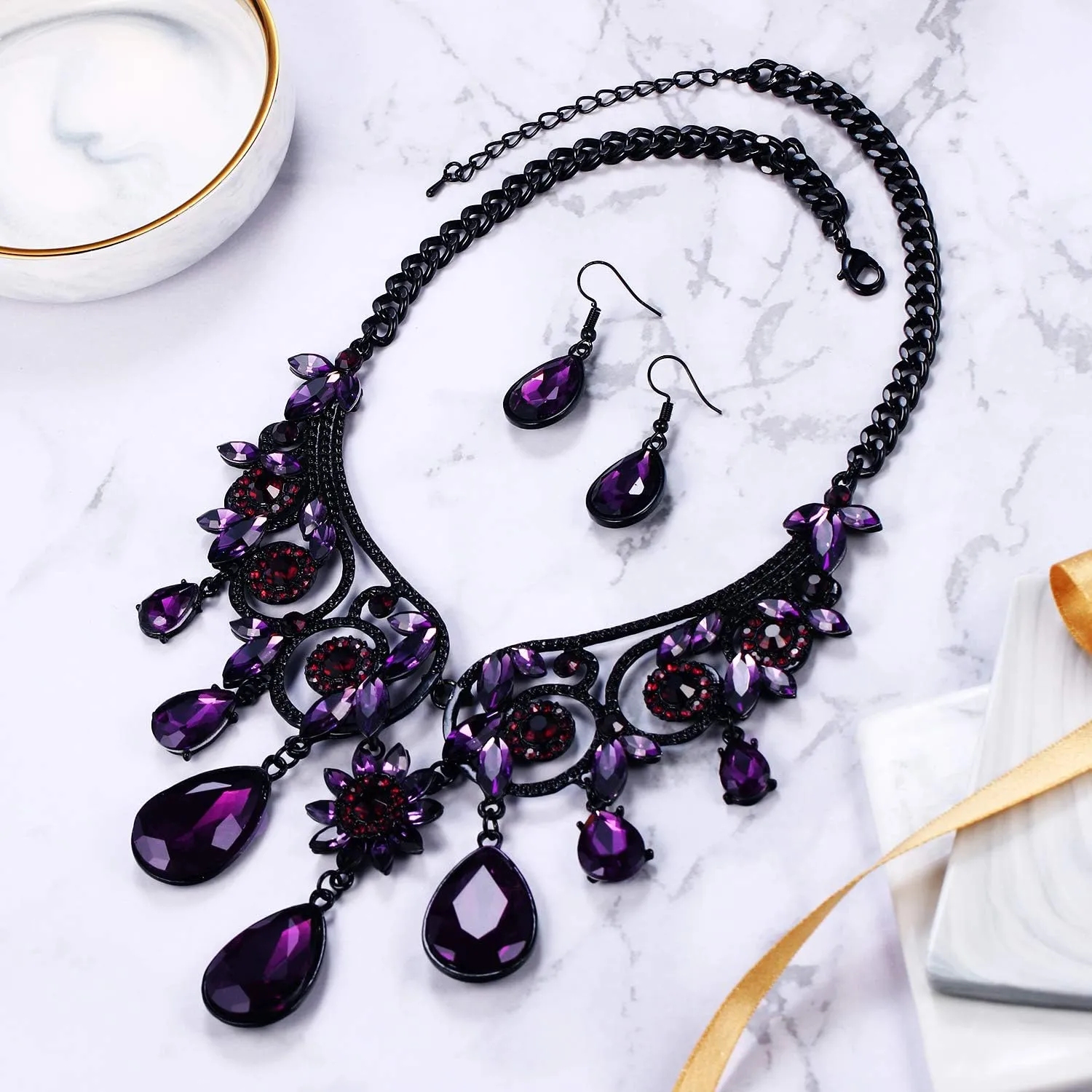 BriLove Women's Tribal Ethnic Crystal Chunky Statement Necklace Dangle Earrings Set