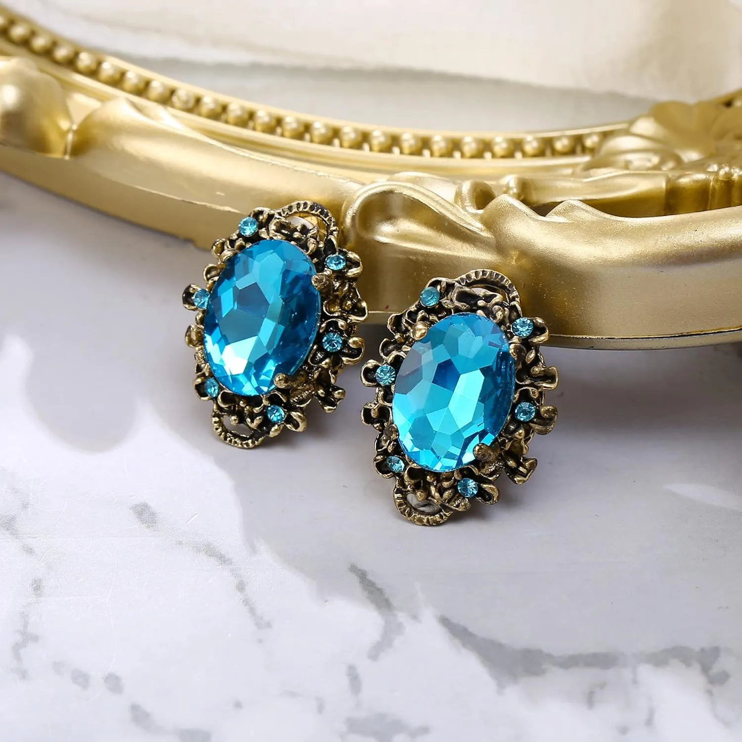 BriLove Women's Victorian Style Crystal Floral Cameo Inspired Oval Clip-On Earrings