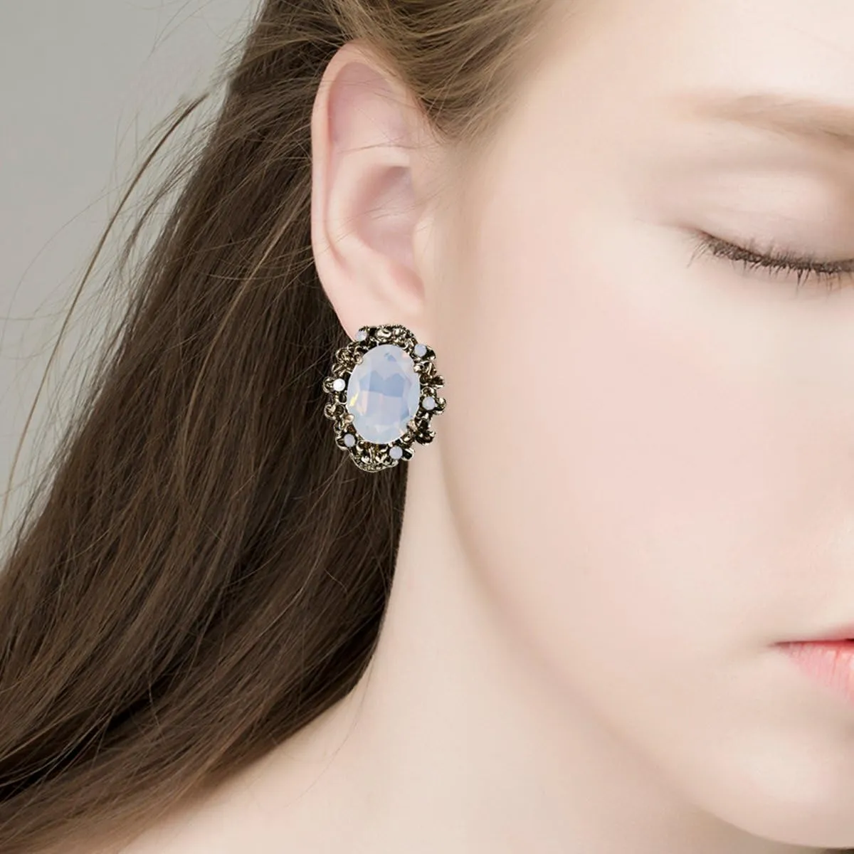 BriLove Women's Victorian Style Crystal Floral Scroll Cameo Inspired Oval Stud Earrings