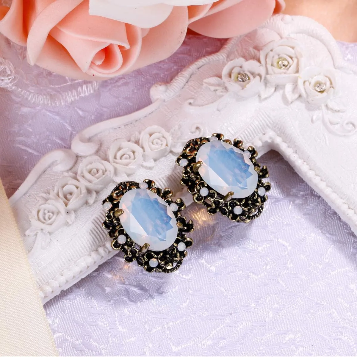 BriLove Women's Victorian Style Crystal Floral Scroll Cameo Inspired Oval Stud Earrings