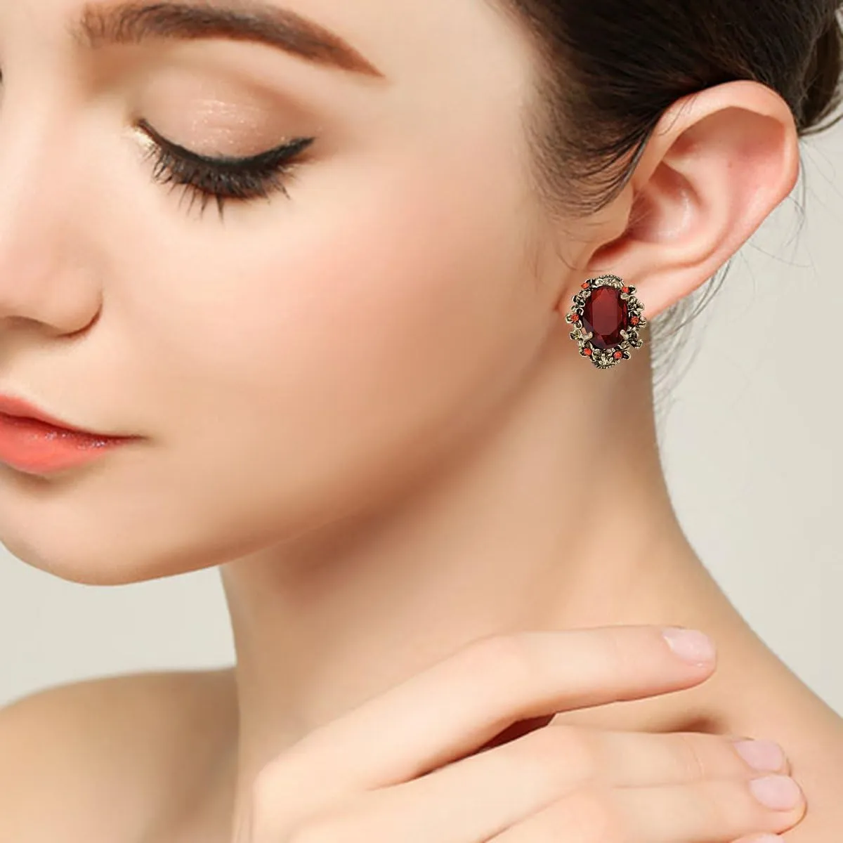 BriLove Women's Victorian Style Crystal Floral Scroll Cameo Inspired Oval Stud Earrings